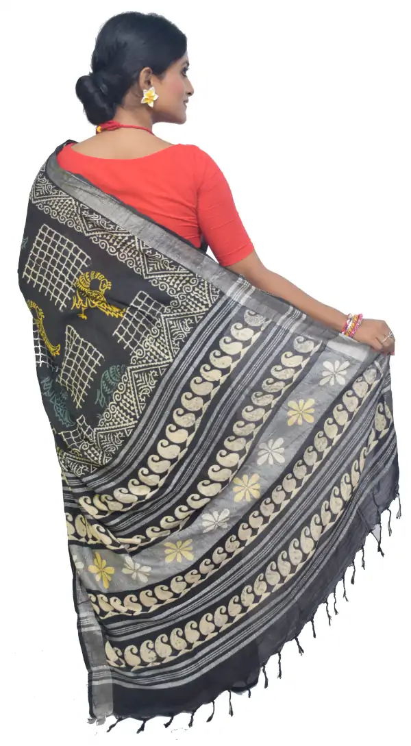 Hand Block Print Bhagalpuri Linen Black Saree
