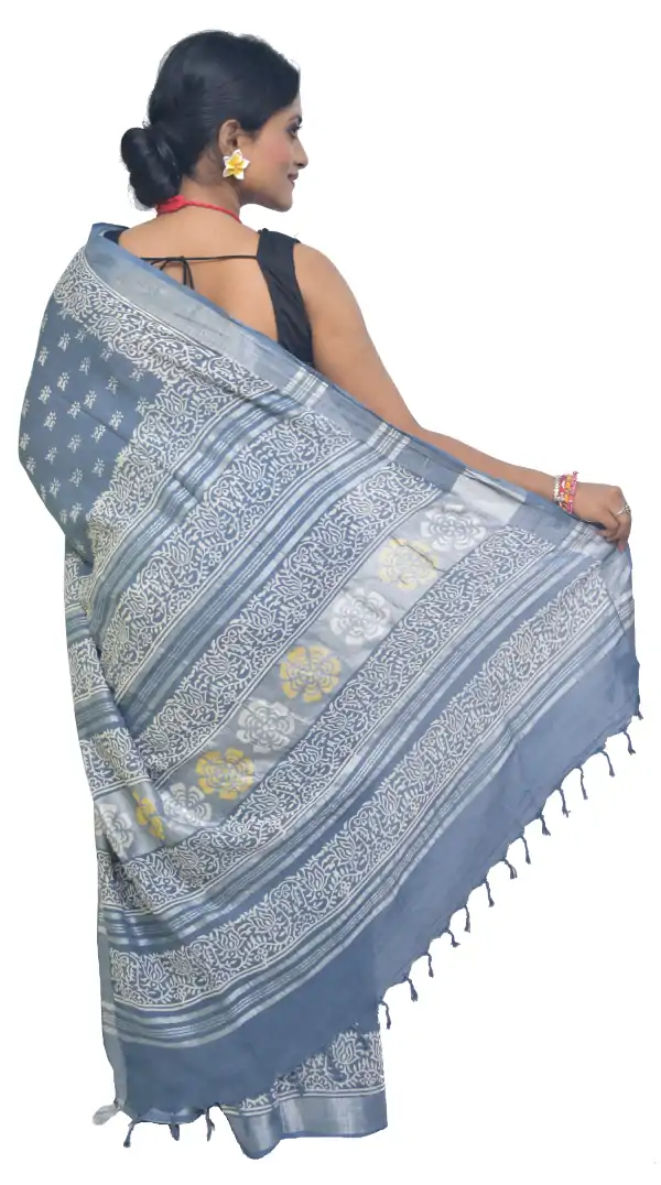 Hand Block Print Cyan Bhagalpuri Linen Saree