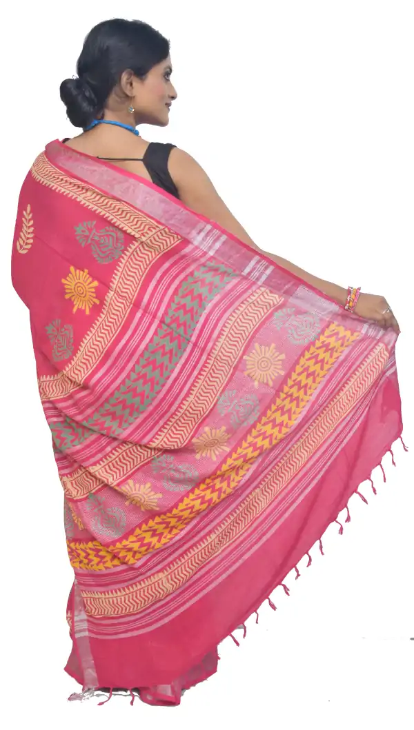 Hand Block Print Bhagalpuri Linen Pink Saree