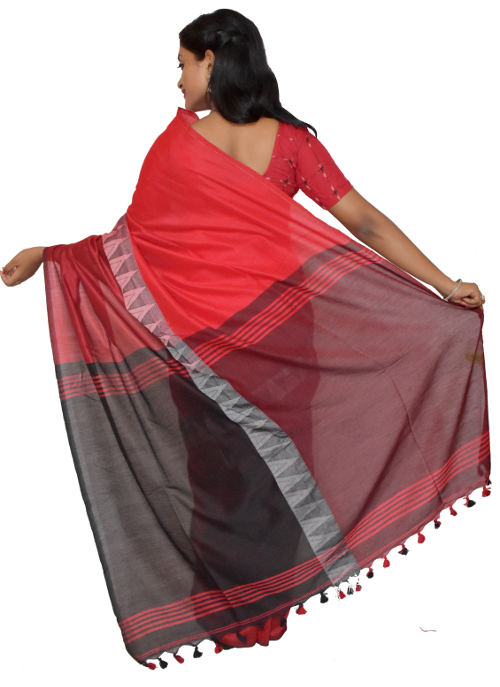 Handloom Red Cotton Blend Saree(HL-00101)