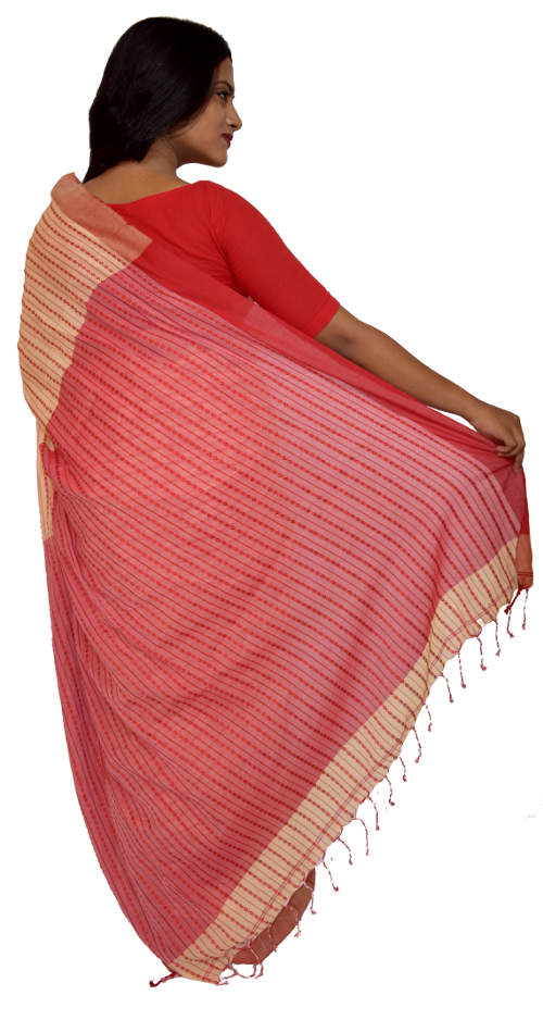 Handloom Beige Red Cotton Saree(HL-00103)